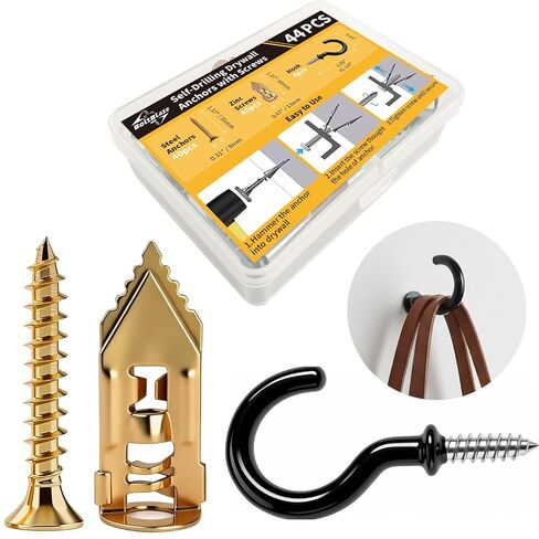 44PCS Self-Drilling Drywall Anchors with Screws Kit - 4PCS Hooks, Heavy Duty Sheetrock Anchors and Screws, No Drill Required, Holds Up to 66 lbs, Ideal for TV, Shelves, Picture Frames in Saudi Arabia