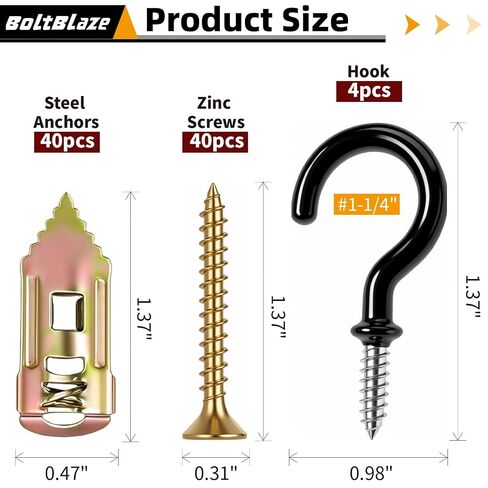 44PCS Self-Drilling Drywall Anchors with Screws Kit - 4PCS Hooks, Heavy Duty Sheetrock Anchors and Screws, No Drill Required, Holds Up to 66 lbs, Ideal for TV, Shelves, Picture Frames in Saudi Arabia