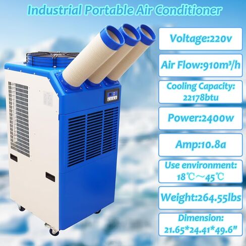 INTSUPERMAI 220V Industrial Portable Air Conditioner 22178 BTU Mobile Spot Cooler 910m³/h Airflow Three Adjustable Vents 2400W Heavy-Duty AC Unit with Wheels for Factory, Warehouse, Workshop in Saudi Arabia