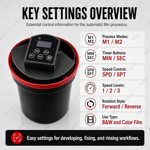 Automatic Film Processor, Electric Home Developing Kit with Smart Timer, Precise Smart Timer Control, Dual Modes and Adjustable Speed for 35mm, 120/220 B&W and Color Film Processing in Kuwait