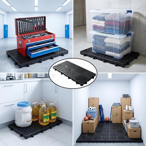 6 Pcs Plastic Pallets, 23.6x11.8x1.18 Inch Ventilated Storage Pad, Free Splicing，Waterproof Lightweight Stackable Utility Pallet for Garage, Basement, Kitchen & Storage Room（Black） in Kuwait