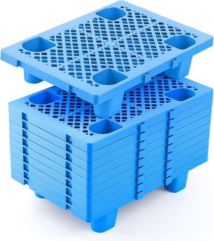 10 Pack Plastic Pallets Nestable Moisture Waterproof Lightweight Floor Pallets with Breathable Grid for Garage Market Warehouse Restaurant Basement Storage(Blue,23.6 x 15.8 x 4.7 Inch) in Kuwait