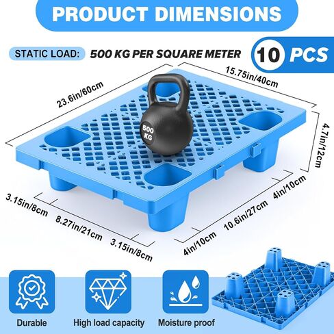 10 Pack Plastic Pallets Nestable Moisture Waterproof Lightweight Floor Pallets with Breathable Grid for Garage Market Warehouse Restaurant Basement Storage(Blue,23.6 x 15.8 x 4.7 Inch) in Kuwait
