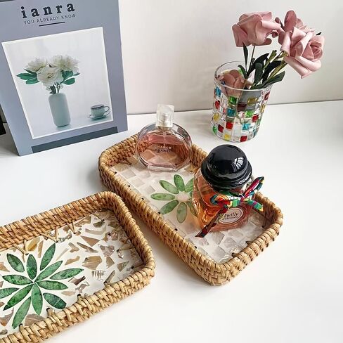 Decorative Key Basket Tray fot Entryway Table Woven Rattan Tray Inlay Rectangular Wicker Display Basket for Jewlry (Golden Willow) in Kuwait