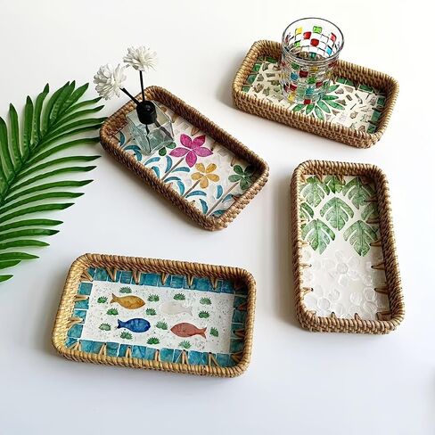 Decorative Key Basket Tray fot Entryway Table Woven Rattan Tray Inlay Rectangular Wicker Display Basket for Jewlry (Golden Willow) in Kuwait