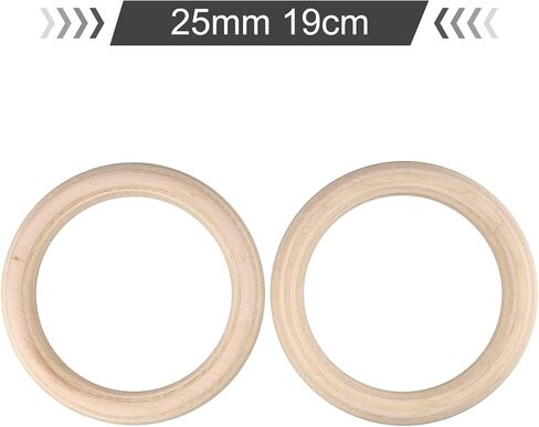 2 Pcs Wood Gymnastics Rings, Solid Birch Home Fitness Pull Up Rings for Strength Training, Adjustable Straps for Indoor Outdoor Workout Exercises(25mm 19cm) in Kuwait