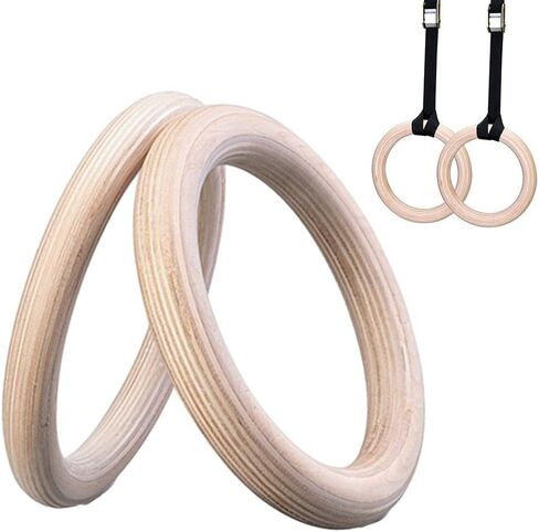 2 Pcs Wood Gymnastics Rings, Solid Birch Home Fitness Pull Up Rings for Strength Training, Adjustable Straps for Indoor Outdoor Workout Exercises(25mm 19cm) in Kuwait