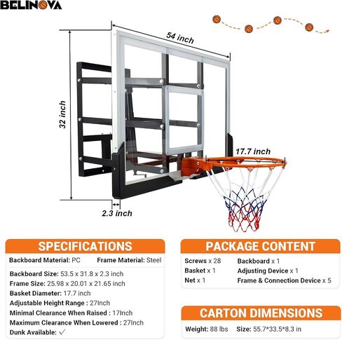 54" Basketball Hoop Wall Mount Adjustable-Height Backboard and Rim Indoor Outdoor Full Size Regulation Basketball Goal Wall Mounted for Gyms Garages Schools in Kuwait