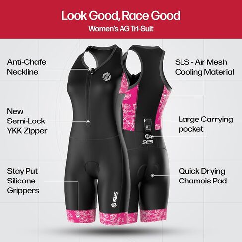 SLS3 Triathlon Suits Women - One Piece Tri Suit Women with Comfortable and Durable FRT Fabric - No Shelf Bra (Black/Fuchsia Poppies, Small) in Kuwait