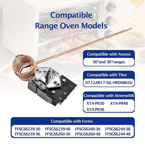 KKTB-18-48 Oven Thermostat Replacement for Robertshaw Stove Oven Range Thermostat, 5A 120VAC,150-599°F, 48" Capillary Tube Suitable，Fits for Awoco, Forno, Thor 30/36/48" Gas Range with 18" Oven Cavity in Kuwait