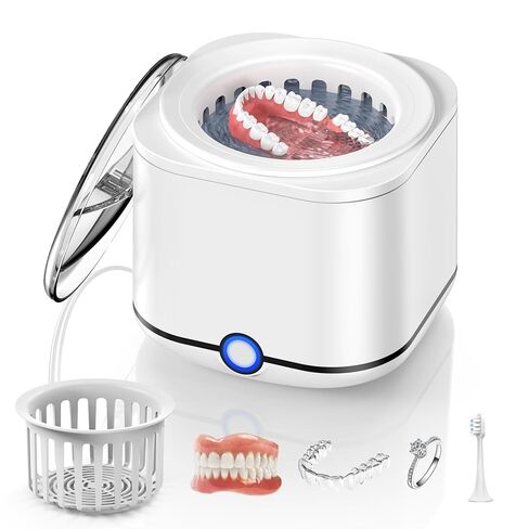 Miorcols Ultrasonic Retainer Cleaner Machine, 48kHz Denture Cleaner Machine for Mouthguard, Braces, Night Guard, Toothbrush, Jewelry with 7.8OZ Dental Cleaning Pod- White in Kuwait