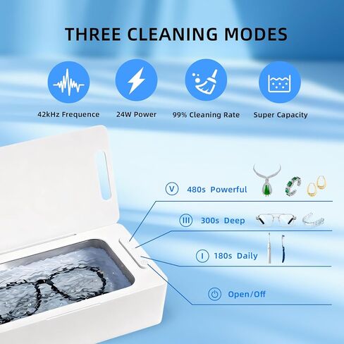 Ultrasonic Jewelry Cleaner Pro for Silver，Eyeglasses, Rings, Retainers, Dentures，Watch Strap, 3 Timer Modes，450ml Capacity (053-P303) in Kuwait