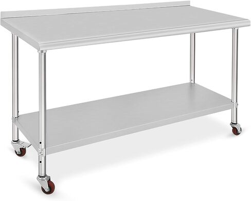 60x24x35 Inch Heavy Duty Stainless Steel Work Table with Casters – Double Tier Adjustable Undershelf & Backsplash – Commercial Prep Station for Kitchen, Restaurant, Home – Includes Tailgate in Kuwait