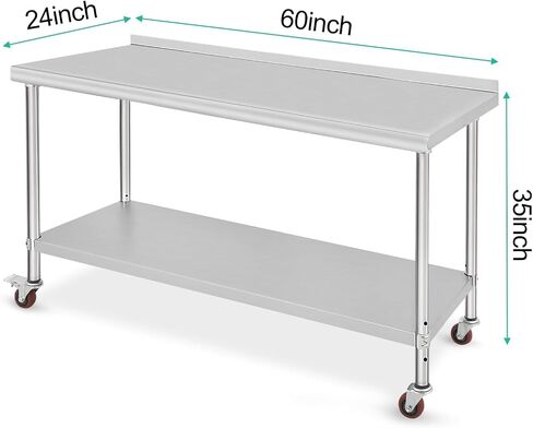 60x24x35 Inch Heavy Duty Stainless Steel Work Table with Casters – Double Tier Adjustable Undershelf & Backsplash – Commercial Prep Station for Kitchen, Restaurant, Home – Includes Tailgate in Kuwait