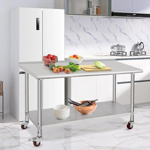 60x24x35 Inch Heavy Duty Stainless Steel Work Table with Casters – Double Tier Adjustable Undershelf & Backsplash – Commercial Prep Station for Kitchen, Restaurant, Home – Includes Tailgate in Kuwait