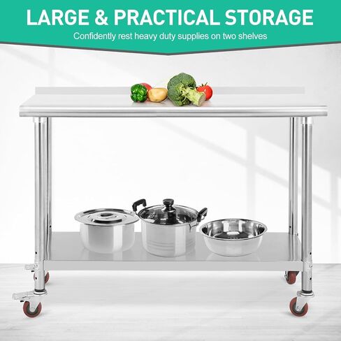 60x24x35 Inch Heavy Duty Stainless Steel Work Table with Casters – Double Tier Adjustable Undershelf & Backsplash – Commercial Prep Station for Kitchen, Restaurant, Home – Includes Tailgate in Kuwait