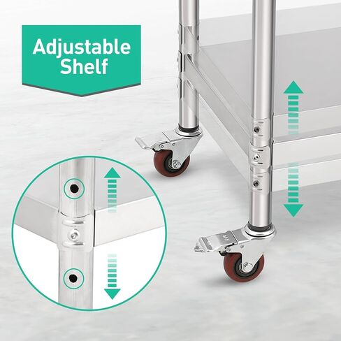 60x24x35 Inch Heavy Duty Stainless Steel Work Table with Casters – Double Tier Adjustable Undershelf & Backsplash – Commercial Prep Station for Kitchen, Restaurant, Home – Includes Tailgate in Kuwait