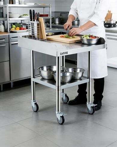 Garvee 24x30 Inch Stainless Steel Work Table with Wheels, Commercial Prep Table with 3-Sided Backsplash & Height Adjustable Undershelf, Kitchen Mobile Workstation for Restaurant, Home, Garage in Kuwait