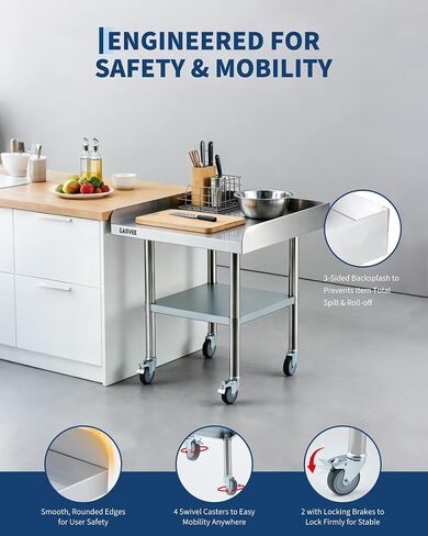 Garvee 24x30 Inch Stainless Steel Work Table with Wheels, Commercial Prep Table with 3-Sided Backsplash & Height Adjustable Undershelf, Kitchen Mobile Workstation for Restaurant, Home, Garage in Kuwait