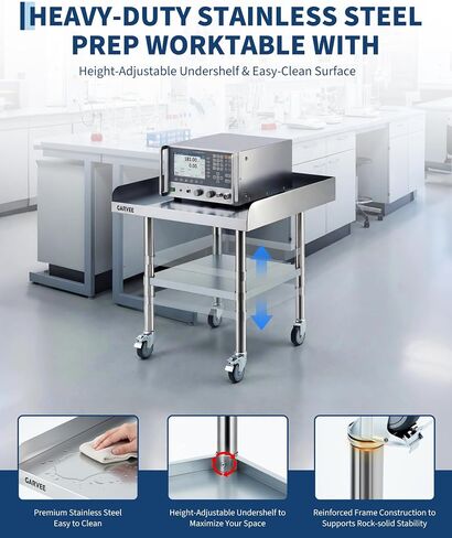 Garvee 24x30 Inch Stainless Steel Work Table with Wheels, Commercial Prep Table with 3-Sided Backsplash & Height Adjustable Undershelf, Kitchen Mobile Workstation for Restaurant, Home, Garage in Kuwait