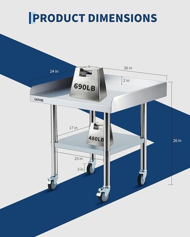 Garvee 24x30 Inch Stainless Steel Work Table with Wheels, Commercial Prep Table with 3-Sided Backsplash & Height Adjustable Undershelf, Kitchen Mobile Workstation for Restaurant, Home, Garage in Kuwait