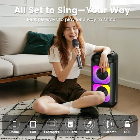 Karaoke Machine with 2 Wireless Microphones, Portable Bluetooth Karaoke for Adults, Powerful Dual 8" Subwoofer Karaoke Boombox, LED Lights, 3D Sound, Support TV/USB/AUX/TF for Home Party in Kuwait