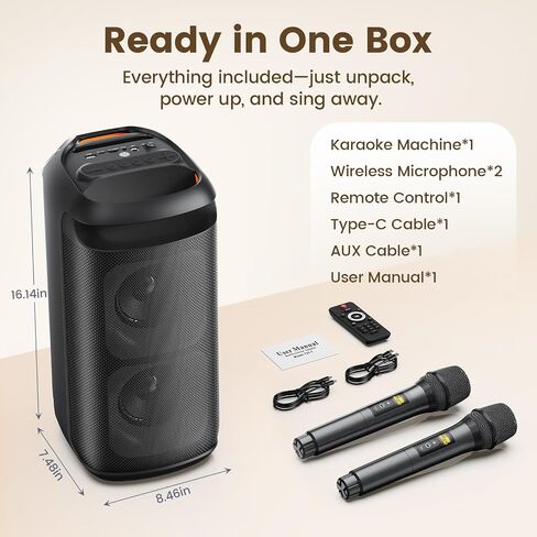 Karaoke Machine with 2 Wireless Microphones, Portable Bluetooth Karaoke for Adults, Powerful Dual 8" Subwoofer Karaoke Boombox, LED Lights, 3D Sound, Support TV/USB/AUX/TF for Home Party in Kuwait