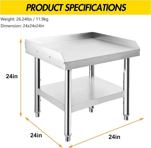 Heavy-Duty Stainless Steel Grill Stand Table 24"x24" – 1000 lbs Top Shelf, 220 lbs Bottom Shelf, 2" Edge Baffle, Adjustable Legs – Ideal for Home Kitchens, Outdoor BBQs, Commercial in Kuwait