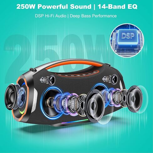 Portable Bluetooth Speaker with 2 Wireless Mics, 250W Booming Bass, IP55 Waterproof Dustproof, TWS Pairing, RGB Lights, 6.5H Continuous Use / 20H Music, Outdoor Party Speaker, Ideal Gifts in Kuwait