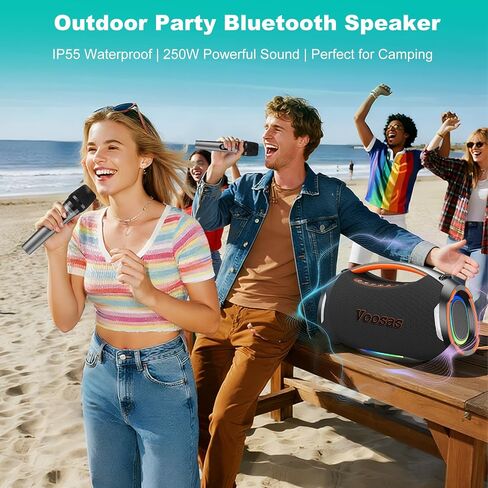 Portable Bluetooth Speaker with 2 Wireless Mics, 250W Booming Bass, IP55 Waterproof Dustproof, TWS Pairing, RGB Lights, 6.5H Continuous Use / 20H Music, Outdoor Party Speaker, Ideal Gifts in Kuwait