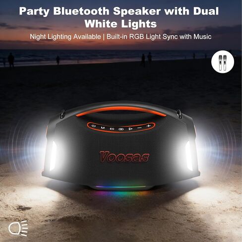 Portable Bluetooth Speaker with 2 Wireless Mics, 250W Booming Bass, IP55 Waterproof Dustproof, TWS Pairing, RGB Lights, 6.5H Continuous Use / 20H Music, Outdoor Party Speaker, Ideal Gifts in Kuwait