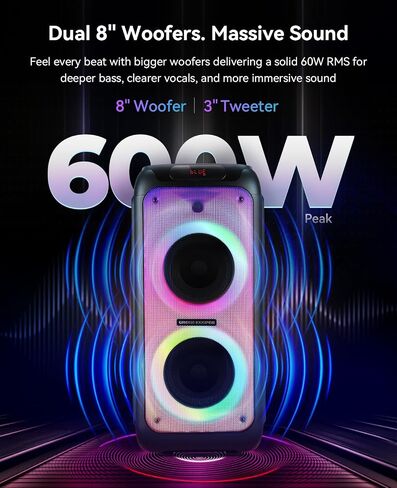GKD80 Karaoke Machine for Adults with 2 Wireless UHF Microphone, 600W Peak Bluetooth Speaker with Dual 8'' Subwoofers, Portable Party Speaker with RC/Wheels for Singing/Outdoor Events/Speaking in Kuwait