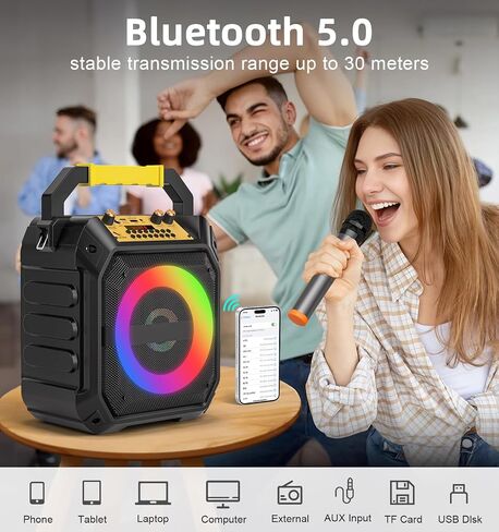 آلة كاريوكي مع 2 ميكروفونات لاسلكية، مكبر صوت كاريوكي محمول بلوتوث مع أضواء RGB القوية، نظام PA يدعم TWS، USB/TF، AUX والتسجيل للحفلات والمنزل والأطفال in Kuwait