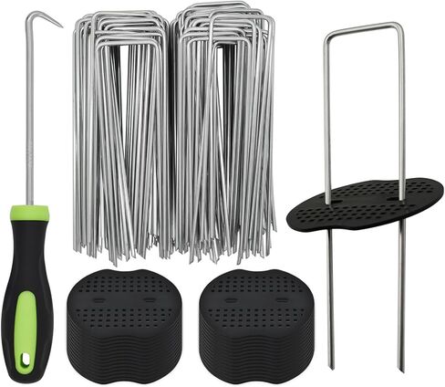 200Pcs Garden Landscape Staples and Fixing Gasket with 1pc Pick Hook, Heavy Duty 11 Gauge U Shaped 3mm Lawn Staples for Irrigation Hoses, Yard Weed Barrier, Fences and Tents, Decorations Fixed in Kuwait