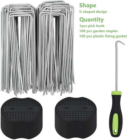 200Pcs Garden Landscape Staples and Fixing Gasket with 1pc Pick Hook, Heavy Duty 11 Gauge U Shaped 3mm Lawn Staples for Irrigation Hoses, Yard Weed Barrier, Fences and Tents, Decorations Fixed in Kuwait