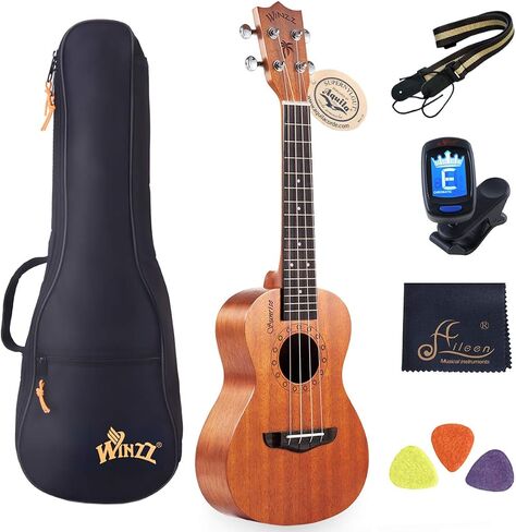 WINZZ HAND RUBBED Series - 23 Inches Concert Ukulele Vintage Hawaiian Uke with Online Lessons, Bag, Tuner, Strap, Extra Strings, Fingerboard Sticker, Natural in Kuwait