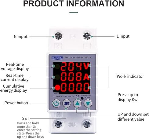 Din Rail عرض مزدوج قابل للتعديل فوق الجهد الحالي وتحت الجهد جهاز حماية مرحل 40A 63A 80A 220V 230V (نوع V A Kwh، L N 110V 60A) in Kuwait