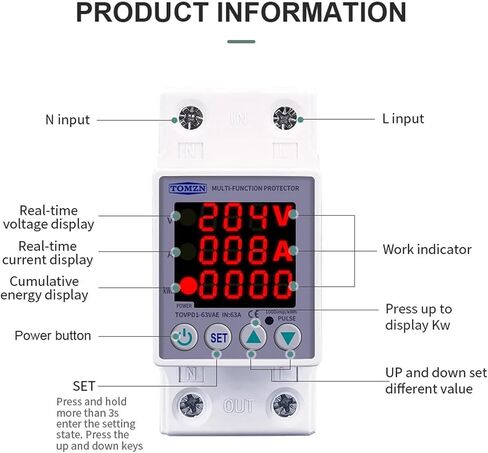 Din Rail عرض مزدوج قابل للتعديل فوق الجهد الحالي وتحت الجهد جهاز حماية مرحل 40A 63A 80A 220V 230V (نوع V A Kwh، L N 110V 60A) in Kuwait