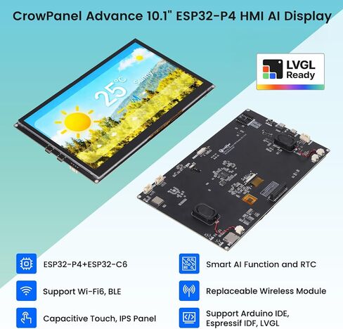 ELECROW ESP32 Display 1024x600, 10.1 Inch HMI ESP32-P4 IPS Touch Screen, Support AI Speech Interaction, ESP32-P4 Dual-Core Processor, Up to 400MHz, Compatible with Arduino, ESP-IDF (Without Camera) in Kuwait