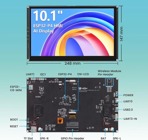 ELECROW ESP32 Display 1024x600, 10.1 Inch HMI ESP32-P4 IPS Touch Screen, Support AI Speech Interaction, ESP32-P4 Dual-Core Processor, Up to 400MHz, Compatible with Arduino, ESP-IDF (Without Camera) in Kuwait