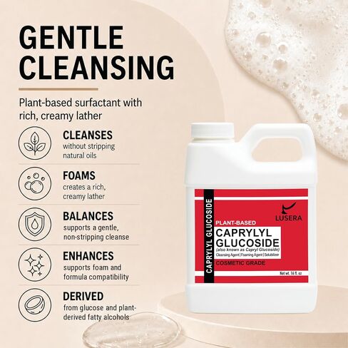 Caprylyl Glucoside Surfactant (Capryl Glucoside) 16 fl oz, Cosmetic Grade Plant-Based Cleansing Agent, Sulfate-Free Foam Booster & Essential Oil Solubilizer for DIY Formulation in Kuwait