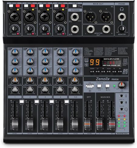 RM06 6Channel Audio Mixer Sound Board, Bluetooth Mixer USB Audio Interface, DJ Mixer with 2 XLR Combo Inputs, 24 Bit 192kHz Recording, Mixing Console for Podcast Live Streaming Home Studio in Kuwait