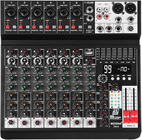 وحدة تحكم خلاط صوت 8 قنوات، لوحة خلط الموسيقى الاحترافية DJ Mixer مع 99 DSP، 7 نطاقات EQ، USB، بلوتوث، طاقة فانتوم 48 فولت ووظيفة الوسادة لتسجيل البث المباشر PA in Kuwait