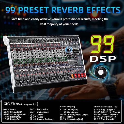 لوحة خلط صوت احترافية مكونة من 16 قناة مع 99 تأثير DSP، وحدة تحكم DJ رقمية EQ ذات 7 نطاقات مع USB بلوتوث MP3 للتسجيل، طاقة مستقلة 48 فولت وزر كتم الصوت in Kuwait