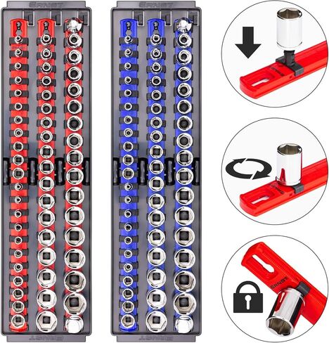 Ernst Manufacturing 2 Pack of Socket Boss with 18" Rails, 1 Red & 1 Blue for Complete Multiple Drive Size Socket Organization, Holds 114 Sockets - Made in USA (Patented) in Kuwait