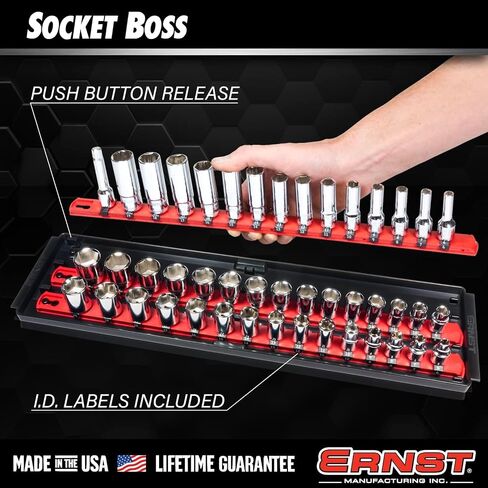 Ernst Manufacturing 2 Pack of Socket Boss with 18" Rails, 1 Red & 1 Blue for Complete Multiple Drive Size Socket Organization, Holds 114 Sockets - Made in USA (Patented) in Kuwait