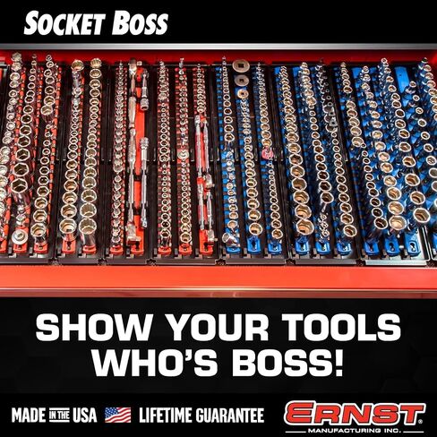 Ernst Manufacturing 2 Pack of Socket Boss with 18" Rails, 1 Red & 1 Blue for Complete Multiple Drive Size Socket Organization, Holds 114 Sockets - Made in USA (Patented) in Kuwait