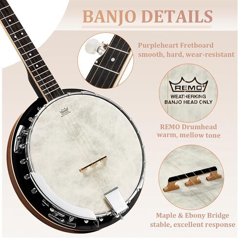 Lotkey 38-Inch 5 String Banjo, Remo Drum Head Full Size Banjos, Removable Resonator with Beginner's Manual, Banjo Strings, Bridge, Tuner, Finger Picks, Strap for Adults, Professional (Glossy Mocha) in Kuwait