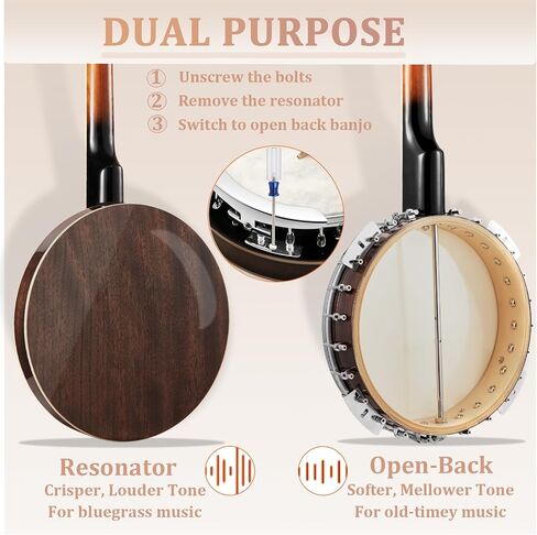 Lotkey 38-Inch 5 String Banjo, Remo Drum Head Full Size Banjos, Removable Resonator with Beginner's Manual, Banjo Strings, Bridge, Tuner, Finger Picks, Strap for Adults, Professional (Glossy Mocha) in Kuwait