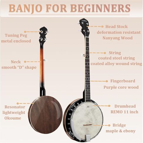 Lotkey 38-Inch 5 String Banjo, Remo Drum Head Full Size Banjos, Removable Resonator with Beginner's Manual, Banjo Strings, Bridge, Tuner, Finger Picks, Strap for Adults, Professional (Glossy Mocha) in Kuwait
